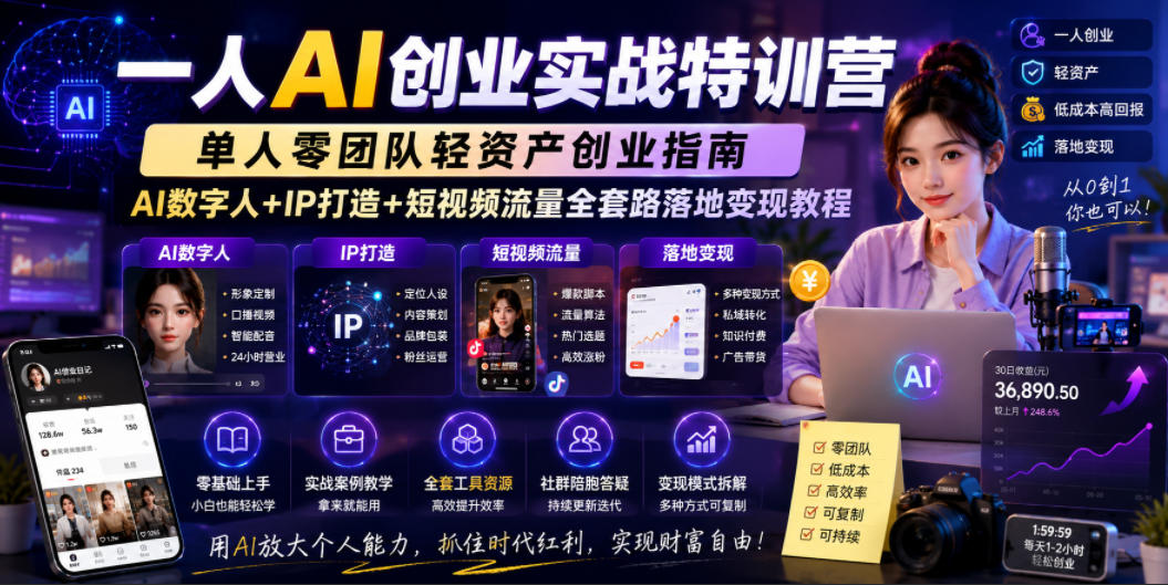 一人AI创业实战特训营，单人零团队轻资产创业指南，AI数字人+IP打造+短视频流量全套路落地变现教程-副业资源网