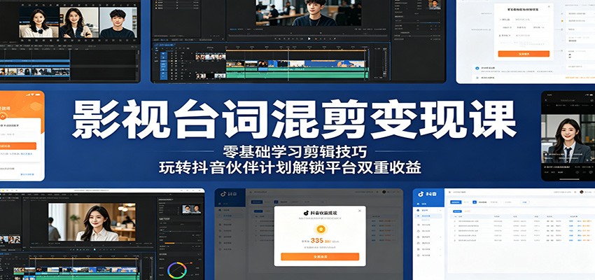 影视台词混剪变现课：零基础学习剪辑技巧，玩转抖音伙伴计划解锁平台双重收益-副业资源网