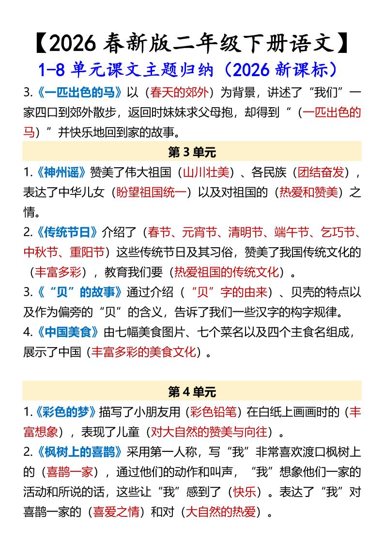 二年级下语文1-8单元课文主题归纳