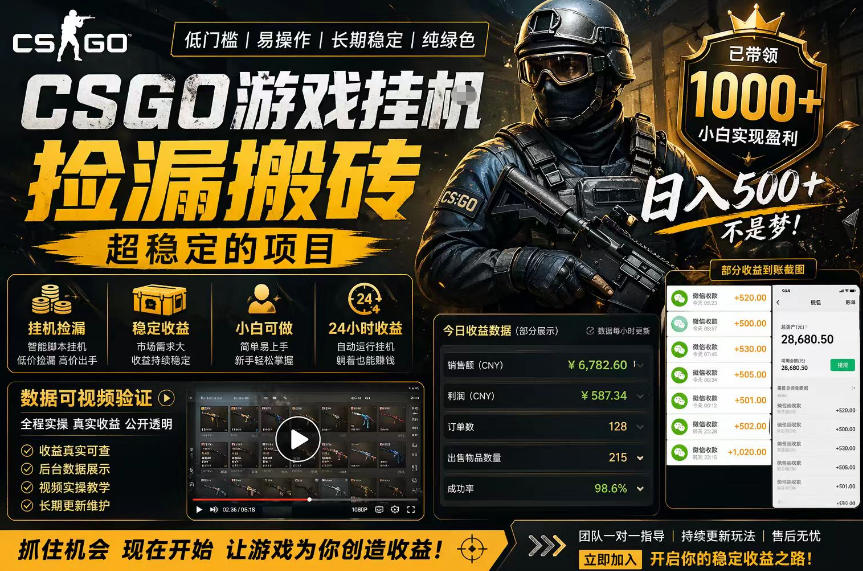 CSGO游戏搬砖，全自动挂G，不需要玩游戏，手机操作日入300+，解放双手【揭秘】-副业资源网