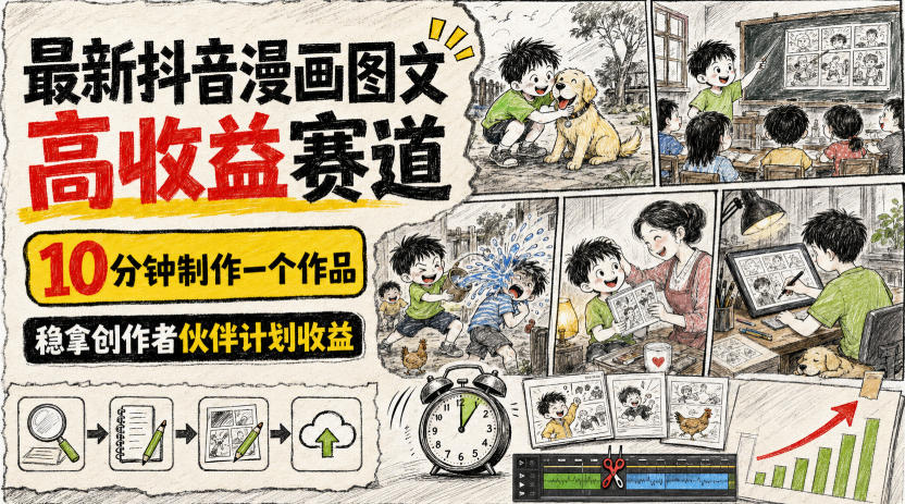 最新抖音漫画图文高收益赛道，10分钟制作一个作品，稳拿创作者伙伴计划收益-副业资源网
