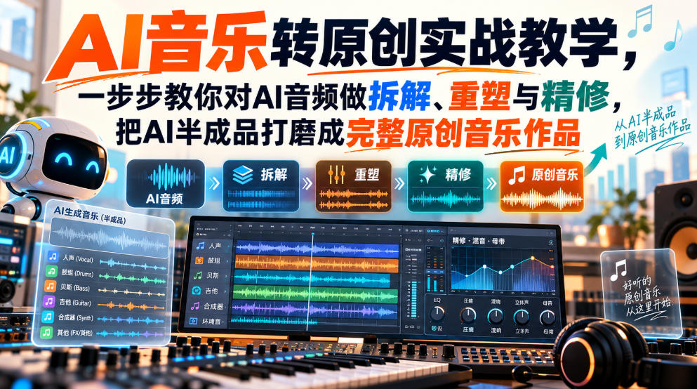 AI音乐转原创实战教学，一步步教你对AI音频做拆解、重塑与精修，把AI半成品打磨成完整原创音乐作品-副业资源网