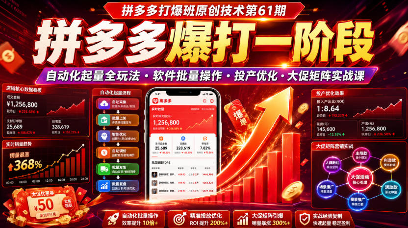 拼多多打爆班原创技术第61期,拼多多爆打一阶段,自动化起量全玩法・软件批量操作・投产优化・大促矩阵实战课-副业资源网