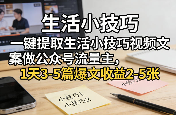 一键提取生活小技巧视频文案做公众号流量主，1天3-5篇爆文收益2-5张-副业资源网