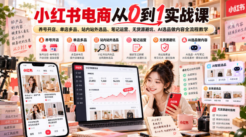 小红书电商从0到1实战课|养号开店、单店多品、站内站外选品、笔记运营、无货源避坑、AI选品做内容全流程教学-副业资源网