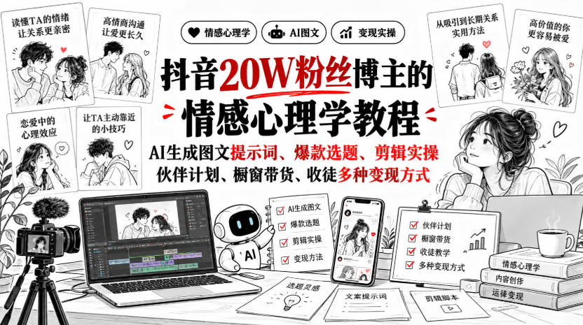 抖音20W粉丝博主静候心声的情感心理学教程，AI生成图文提示词、爆款选题、剪辑实操，伙伴计划、橱窗带货、收徒多种变现方式-副业资源网