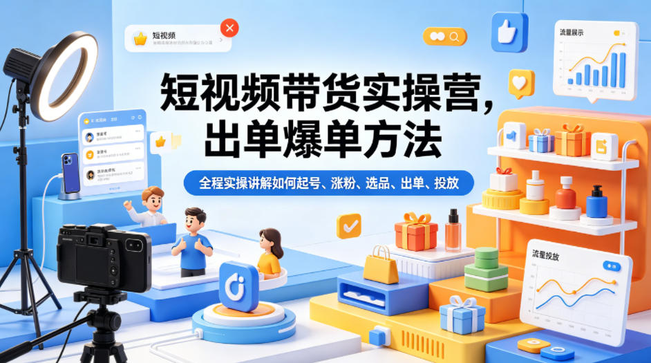短视频带货实操营，出单爆单方法，全程实操讲解如何起号、涨粉、选品、出单、投放（更新0515）-副业资源网