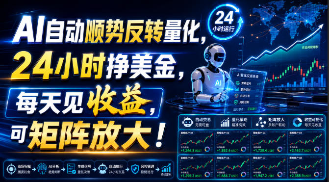 AI自动顺势反转量化，24小时挣美金，每天见收益，可矩阵放大！【揭秘】-副业资源网