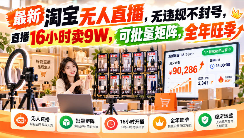 最新淘宝无人直播，无违规不封号，直播16小时卖9W，可批量矩阵，全年旺季【揭秘】-副业资源网