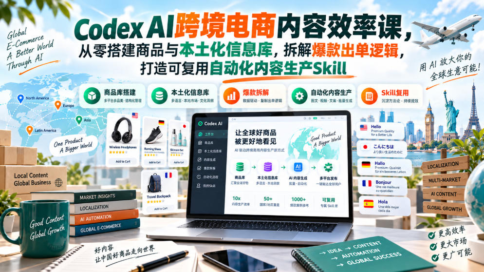 Codex AI跨境电商内容效率课，从零搭建商品与本土化信息库，拆解爆款出单逻辑，打造可复用自动化内容生产Skill-副业资源网
