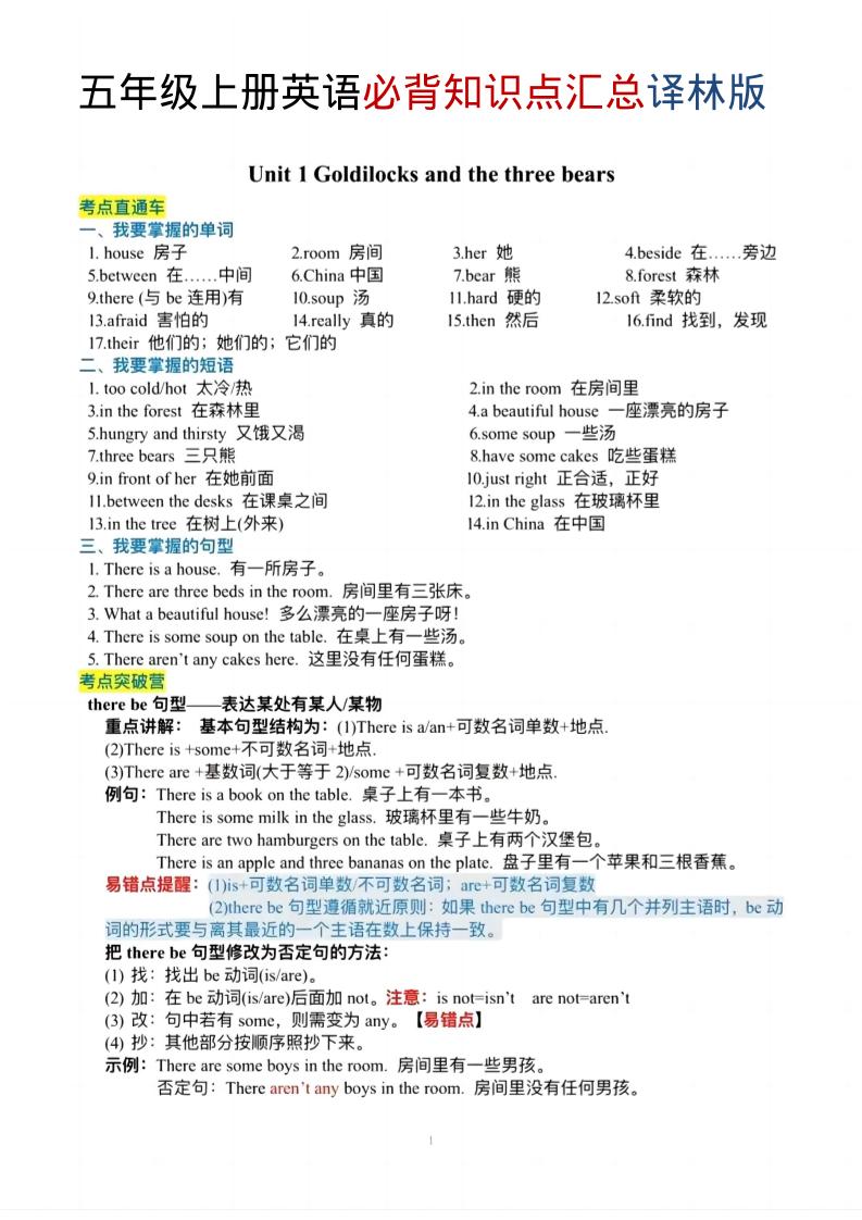 五年级上英语必背知识单《译林版》-副业资源网