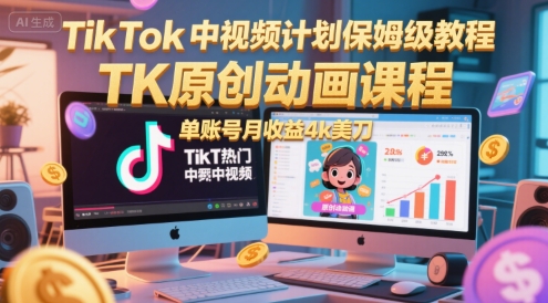 TikTok中视频计划保姆级教程，TK原创动画课程，单账号月收益4k美刀-副业资源网