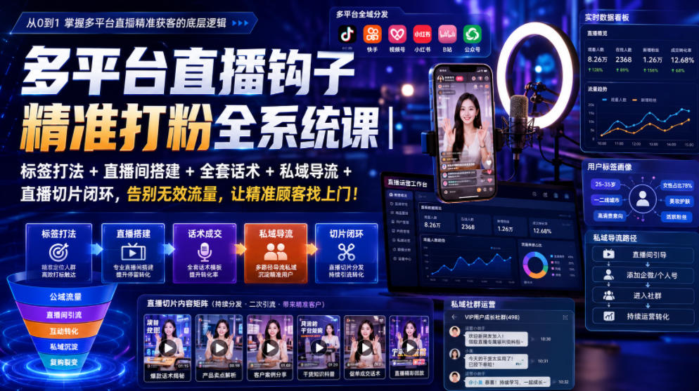 多平台直播钩子精准打粉全系统课｜标签打法+直播间搭建+全套话术+私域导流+直播切片闭环，告别无效流量，让精准顾客找上门！-副业资源网