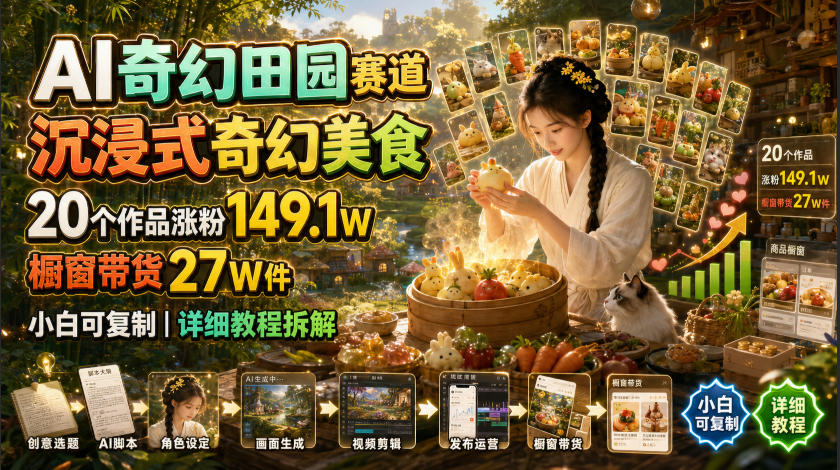 AI奇幻田园赛道,沉浸式奇幻美食,20个作品涨粉149.1W,橱窗带货27W件,小白可复制,详细教程拆解-副业资源网