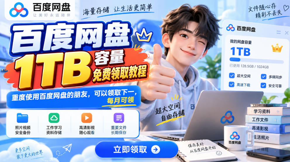 百度网盘1TB容量免费领取教程，重度使用百度网盘的朋友，可以领取下一，每月可领-副业资源网