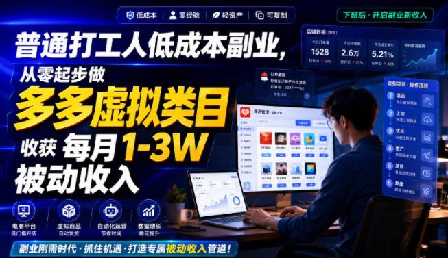 普通打工人低成本副业,从零起步做多多虚拟类目,收获每月1-3W被动收入【揭秘】-副业资源网