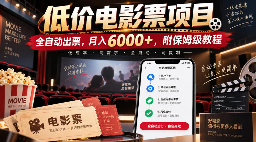 低价电影票项目，全自动出票，月入6000+，附保姆级教程【揭秘】-副业资源网