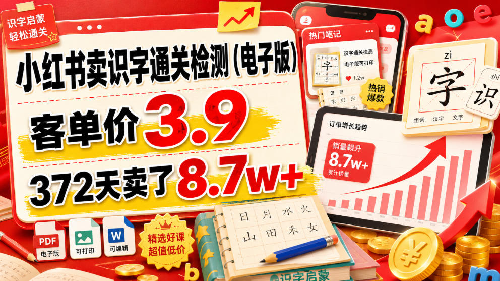 小红书卖识字通关检测（电子版），客单价3.9，372天卖了8.7w+-副业资源网