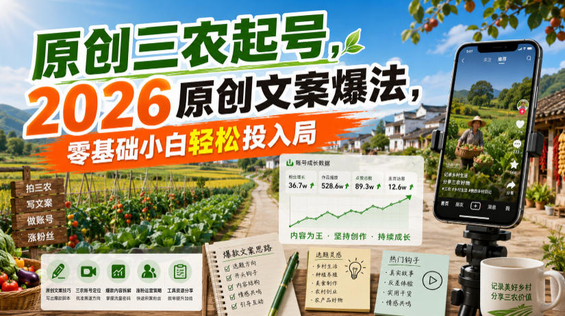 原创三农起号，2026原创文案爆法，零基础小白轻松投入局-副业资源网