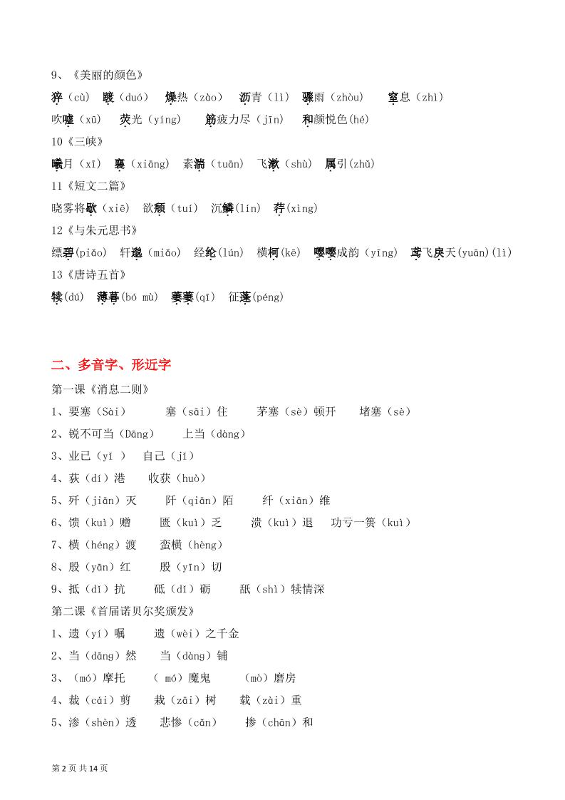 八年级上语文字词积累、文学常识知识清单