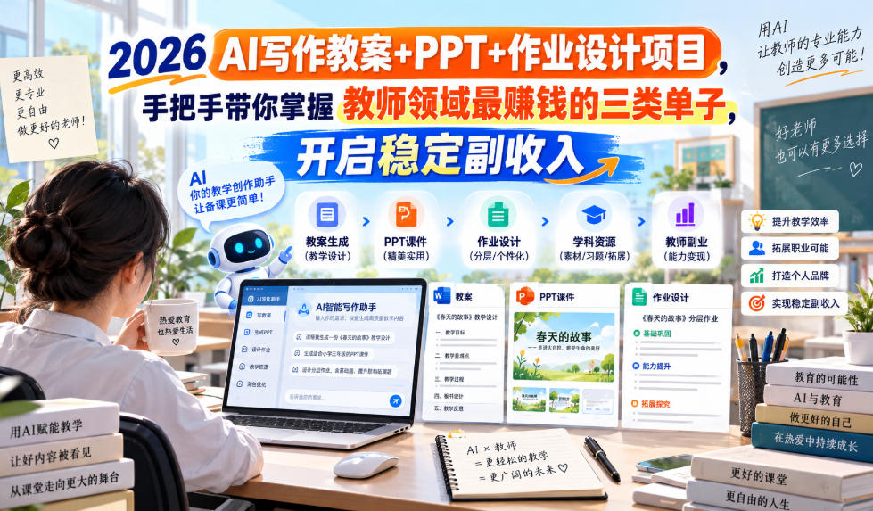 2026 AI写作教案+PPT+作业设计项目,手把手带你掌握教师领域最賺钱的三类单子,开启稳定副收入-副业资源网