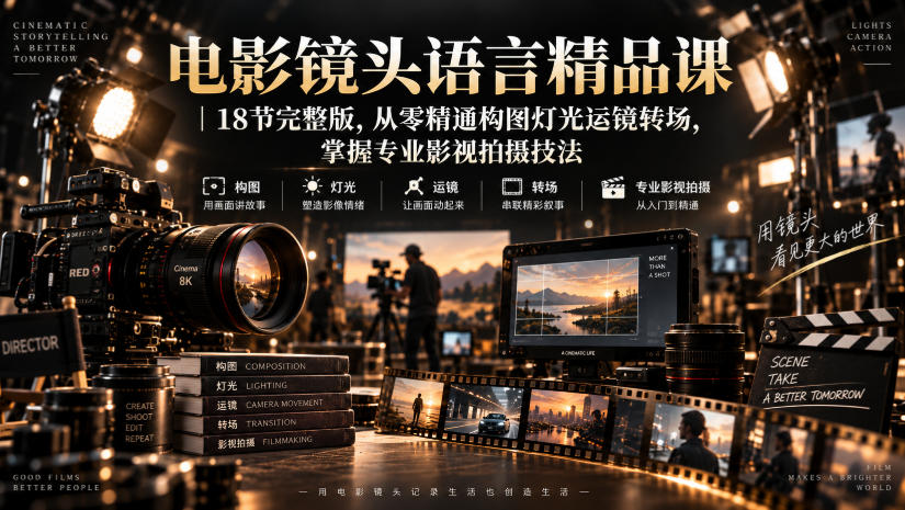 电影镜头语言精品课|18节完整版,从零精通构图灯光运镜转场,掌握专业影视拍摄技法-副业资源网