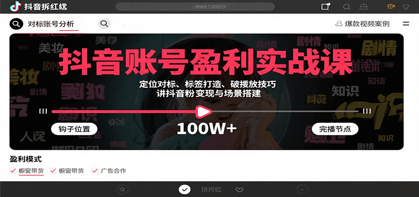 抖音账号盈利实战课，定位对标、标签打造、破播放技巧，讲涨粉变现与场景搭建-副业资源网