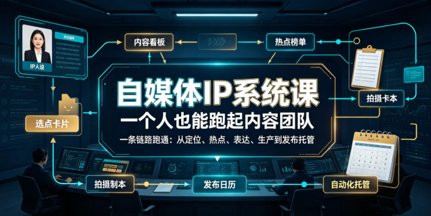自媒体IP系统课，一个人也能跑起内容团队，一条链路跑通，从定位、热点、表达、生产到发布托管-副业资源网