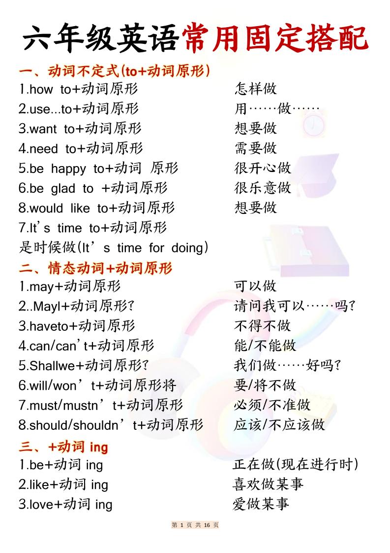 六年级上英语常用固定搭配-副业资源网