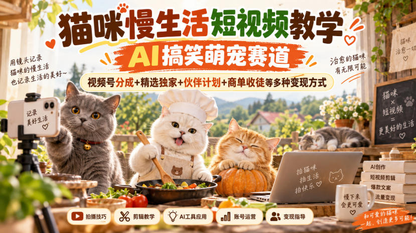 猫咪慢生活短视频教学,AI搞笑萌宠赛道,视频号分成+精选独家+伙伴计划+商单收徒等多种变现方式 猫咪慢生活短视频教学,AI搞笑萌宠赛道,视频号分成+精选独家+伙伴计划+商单收徒等多种变现方式