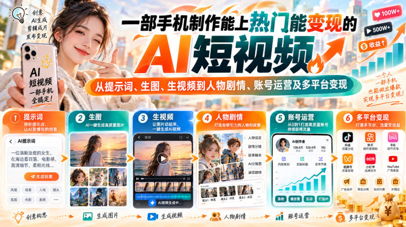 【无水印】一部手机制作能上热门能变现的AI短视频，从提示词、生图、生视频到人物剧情、账号运营及多平台变现-副业资源网
