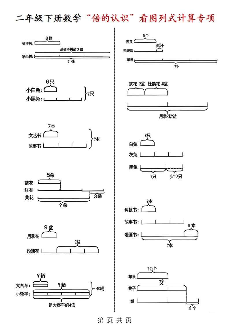 二年级下数学“倍的认识”看图列式计算专练-副业资源网