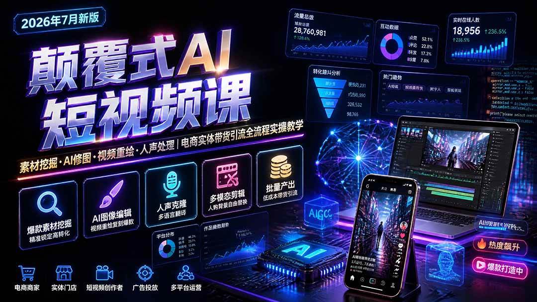 (19630期)颠覆式AI短视频课|素材挖掘,AI修图,视频重绘,人声处理|电商实体带货引流全流程实操教学-副业资源网