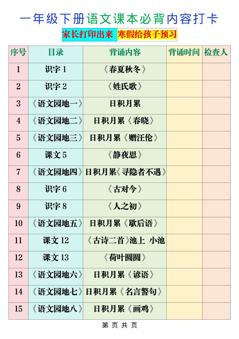 一年级下语文课本必背内容打卡-副业资源网