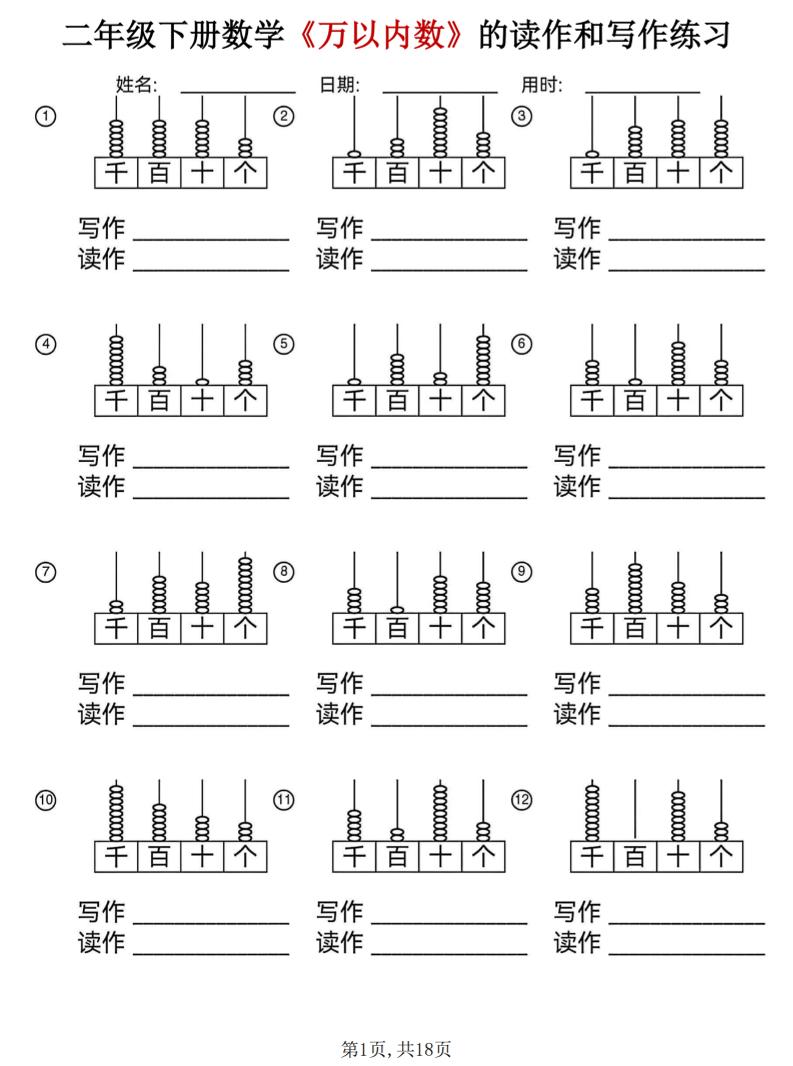 二年级下数学《万以内数》的读作和写作练习-副业资源网