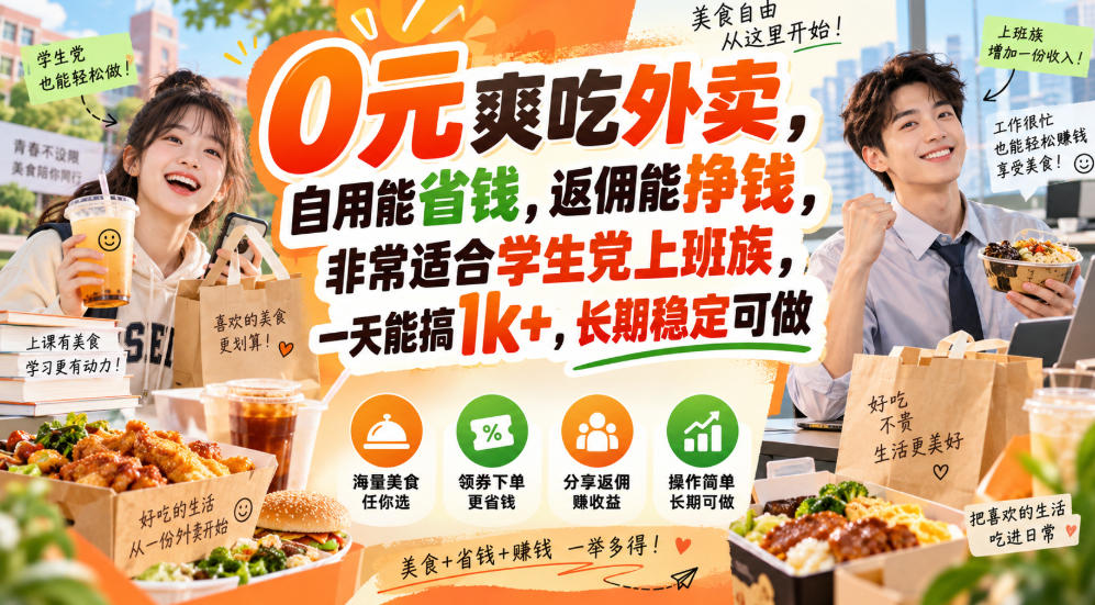 0元爽吃外卖，自用能省钱，返佣能挣钱，非常适合学生党上班族，一天能搞1k+，长期稳定可做-副业资源网