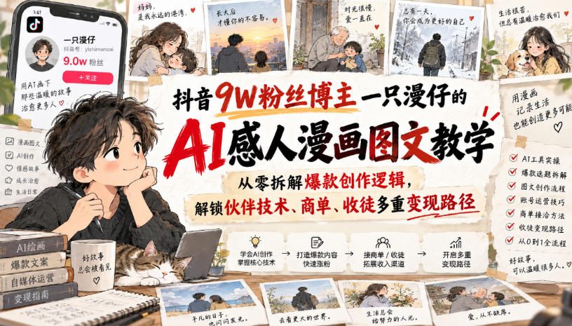 抖音9W粉丝博主一只漫仔的AI感人漫画图文教学，从零拆解爆款创作逻辑，解锁伙伴技术、商单、收徒多重变现路径-副业资源网