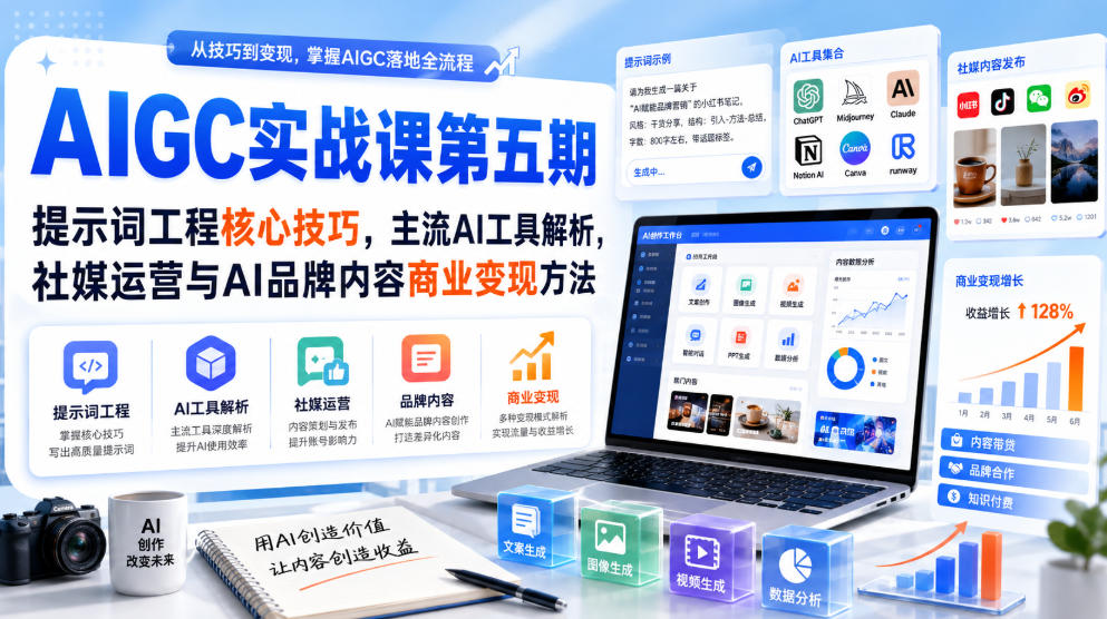 刺猬星球·AIGC实战课第五期,提示词工程核心技巧,主流AI工具解析,社媒运营与AI品牌内容商业变现方法-副业资源网