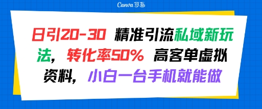 日引 20-30 精准引流私域新玩法，转化率50% 高客单虚拟资料，小白一台手机就能做-副业资源网