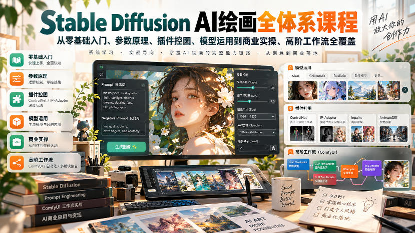 【无水印】Stable Diffusion AI绘画全体系课程,从零基础入门、参数原理、插件控图、模型运用到商业实操、高阶工作流全覆盖 【无水印】Stable Diffusion AI绘画全体系课程,从零基础入门、参数原理、插件控图、模型运用到商业实操、高阶工作流全覆盖