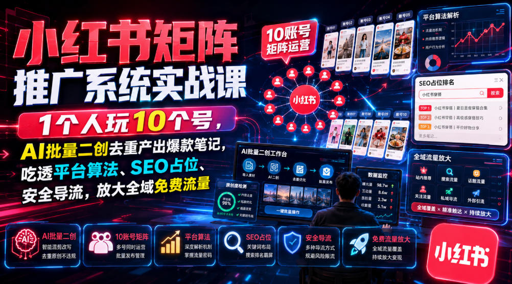 小红书矩阵推广系统实战课｜1个人玩10个号，AI批量二创去重产出爆款笔记，吃透平台算法、SEO占位、安全导流，放大全域免费流量-副业资源网