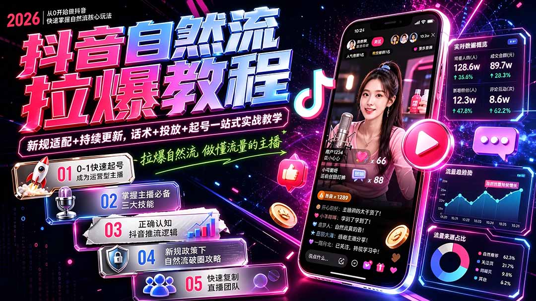 抖音自然流拉爆教程-更新8月:做懂流量的主播,新规适配+持续更新,话术+投放+起号一站式实战教学-副业资源网