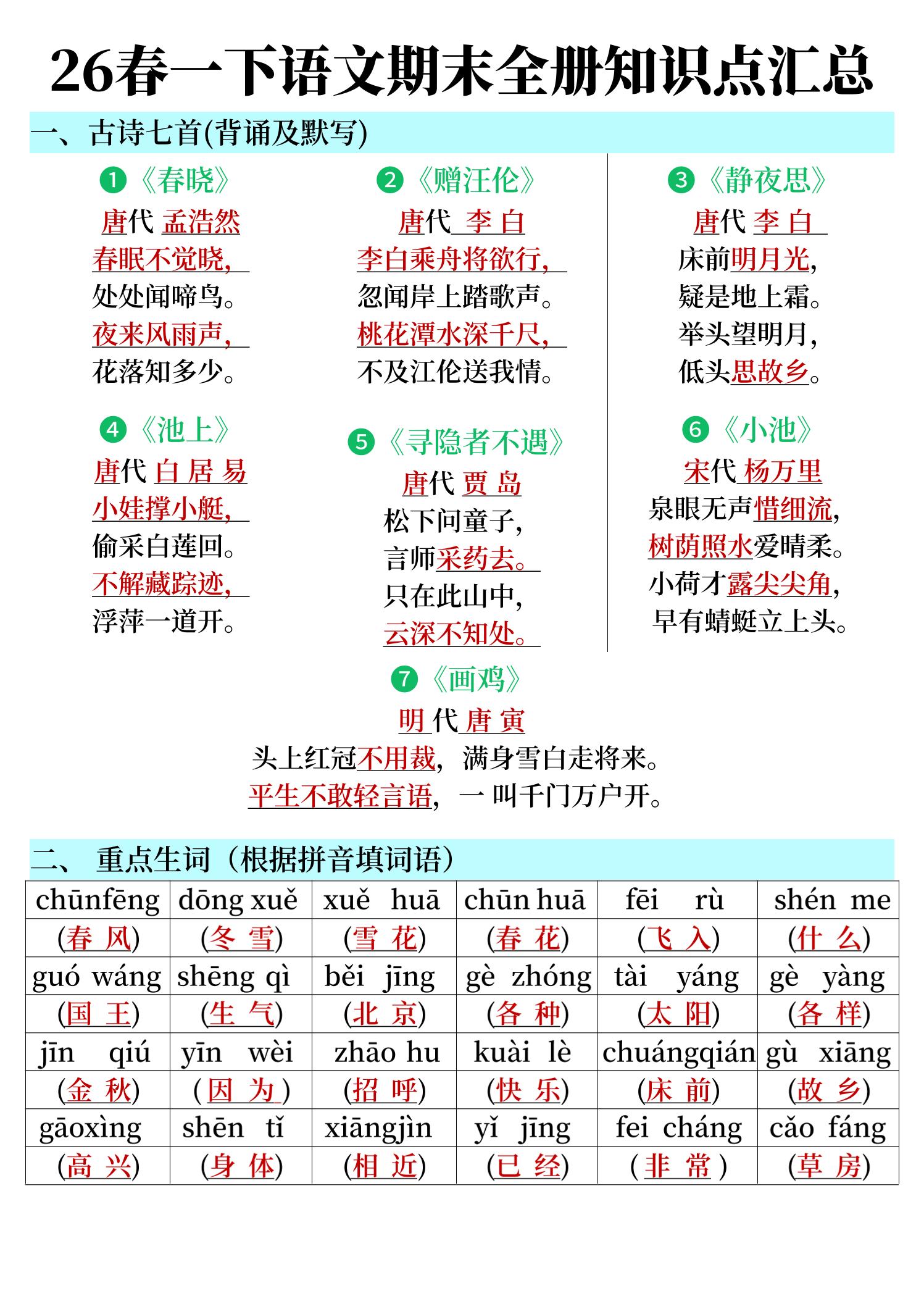 26春一下语文期末全册知识点汇总-副业资源网