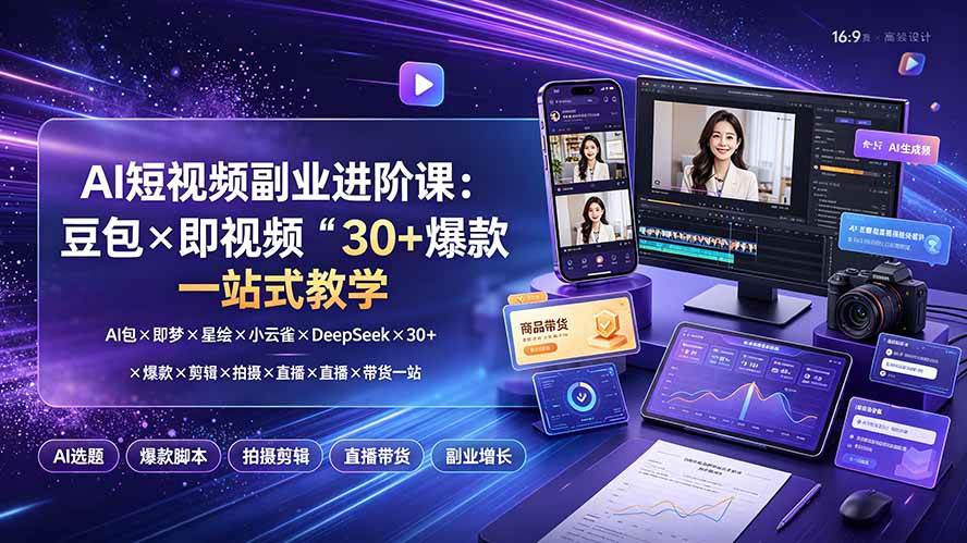 (19458期)AI短视频副业进阶课:豆包×即梦×星绘×小云雀×DeepSeek×30+爆款×剪辑×拍摄×直播×带货一站式教学-副业资源网