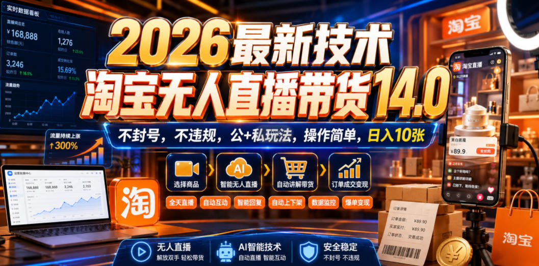 2026最新技术,淘宝无人直播带货14.0,不封号,不违规,公+私玩法,操作简单,日入10张【揭秘】-副业资源网