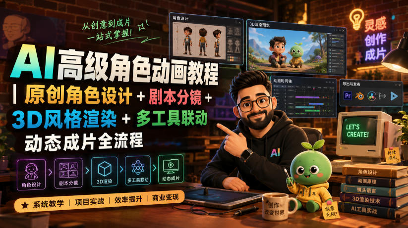 AI高级角色动画教程｜原创角色设计+剧本分镜+3D风格渲染+多工具联动动态成片全流程【中英字幕】-副业资源网