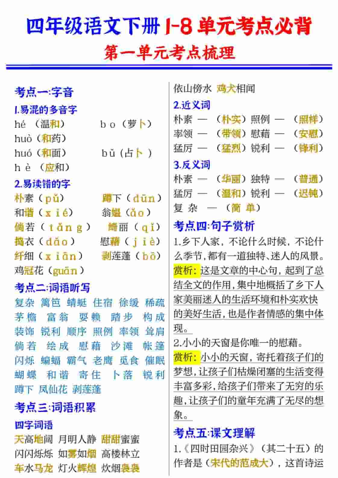 四年级(下）语文1-8单元考点必背-副业资源网
