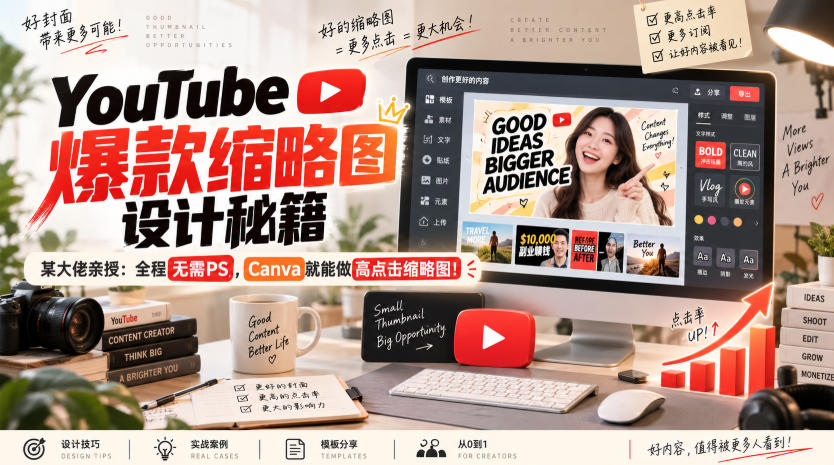 YouTube爆款缩略图设计秘籍，某油管大佬（610万订阅者）亲授，全程无需PS，Canva就能做高点击缩略图！【原创双语字幕】-副业资源网