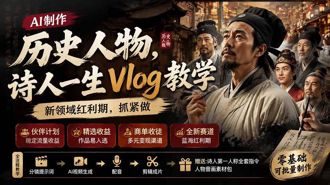 (19758期)历史人物,诗人一生Vlog教学, AI制作丨伙伴计划丨精选收益丨商单收徒 ,新领域红利期,抓紧做-副业资源网