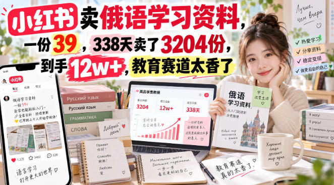 小红书卖俄语学习资料，一份39，338天卖了3204份，到手12w+，教育赛道太香了-副业资源网